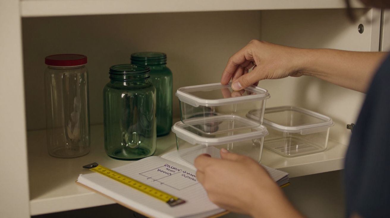 Pessoa organiza caixas de plástico e frascos num armário, com um bloco de notas e fita métrica ao lado.