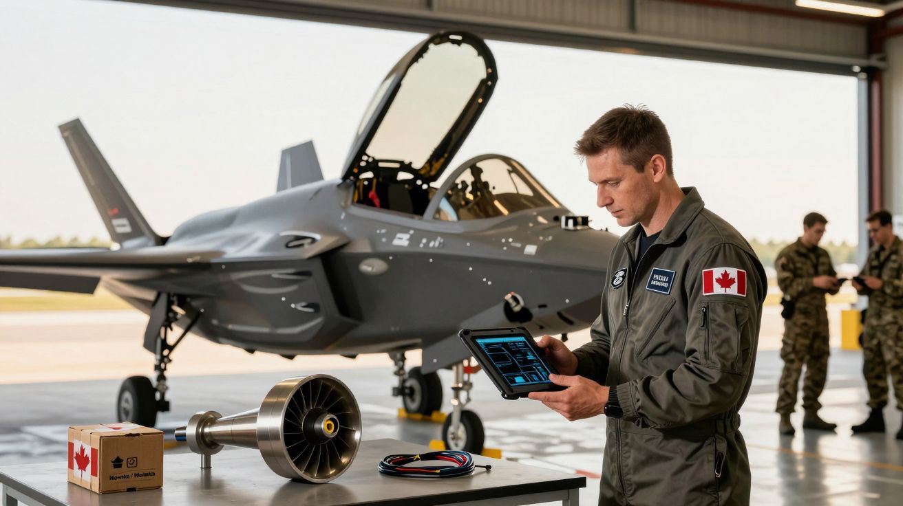 Homem fardado com tablet, analisa peças de avião militar num hangar. Avião cinza ao fundo com cockpit aberto.