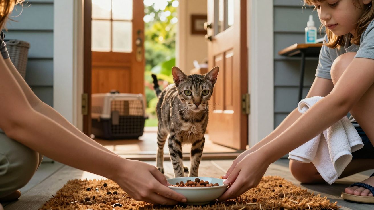 Gato listrado aproxima-se de uma tigela de comida, segurada por duas pessoas, numa varanda iluminada pelo sol.