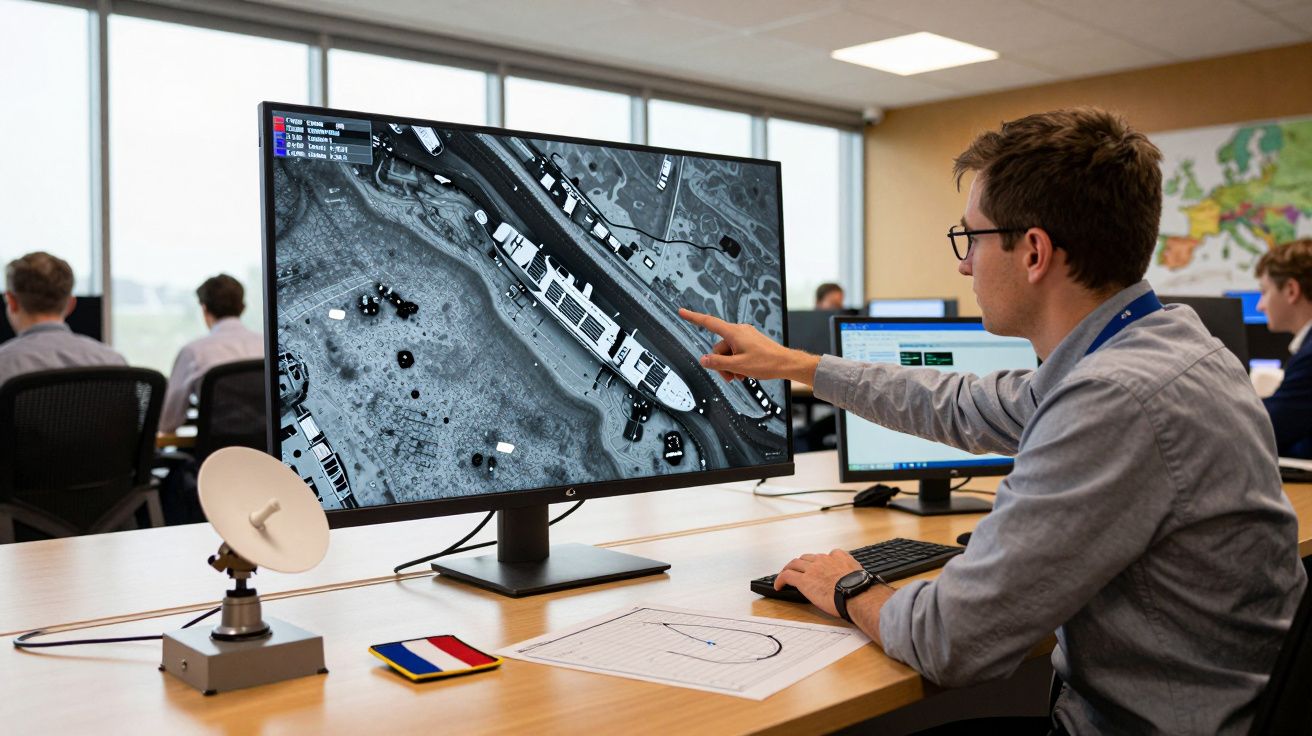 Homem analisa imagem de satélite num monitor em escritório moderno, apontando para detalhes de um porto.