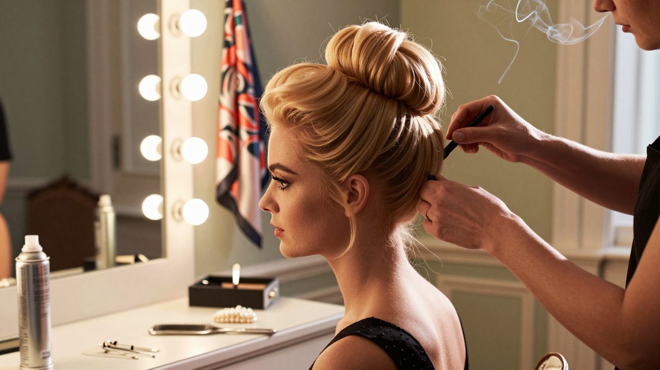 Mulher sentada em frente a um espelho iluminado, com penteado elegante sendo ajustado por outra pessoa.
