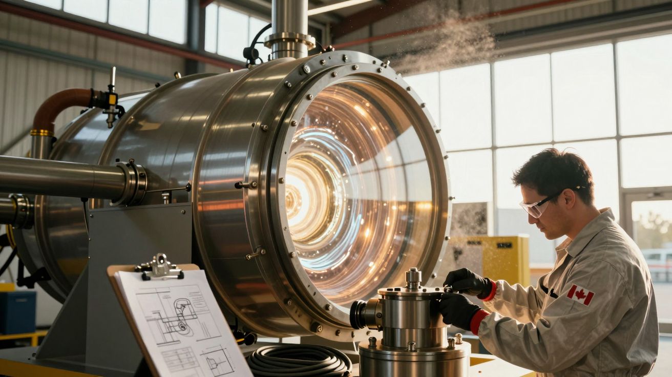 Cientista ajusta dispositivo cilíndrico metálico iluminado, numa sala industrial com desenho técnico à frente.