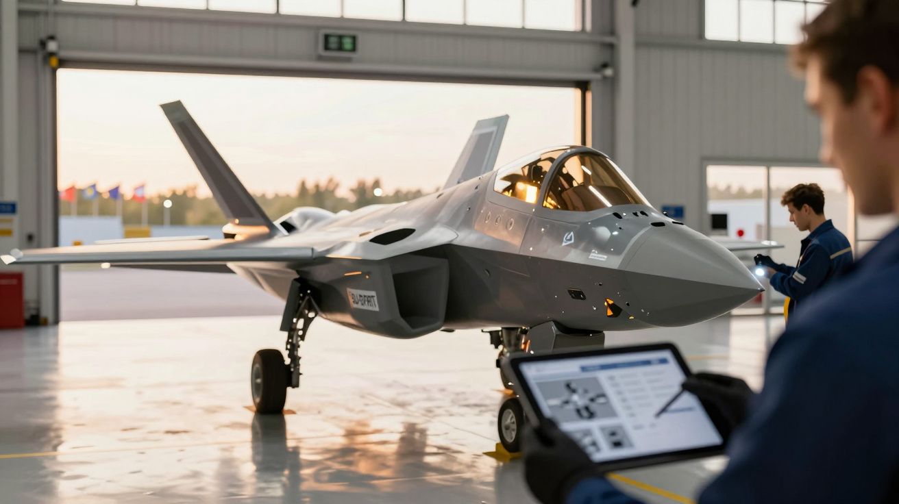 Homem com tablet inspeciona caça a jato cinzento em hangar iluminado, ao amanhecer, com técnico ao fundo.