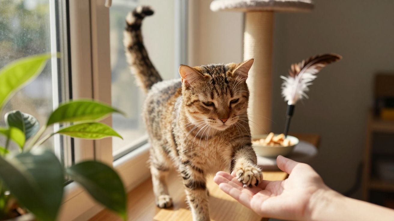 Gato tigrado toca a mão de uma pessoa numa janela ensolarada, com plantas e brinquedo ao fundo.