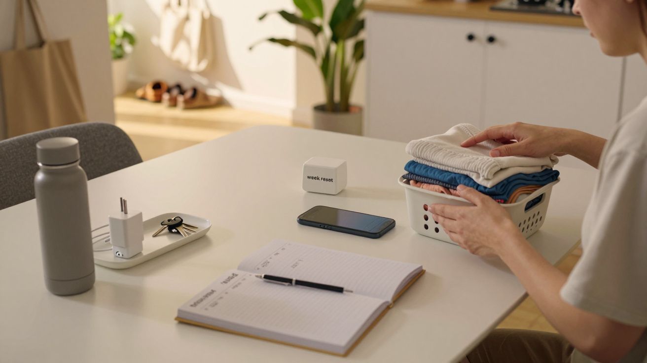 Pessoa a organizar roupa numa cesta numa mesa com garrafa, caderno, telemóvel e carregador.