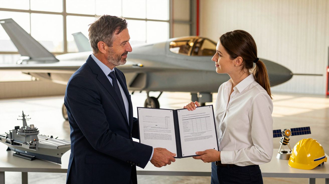 Duas pessoas trocam documentos em frente a um avião em hangar, com maquetes de navio e satélite na mesa.