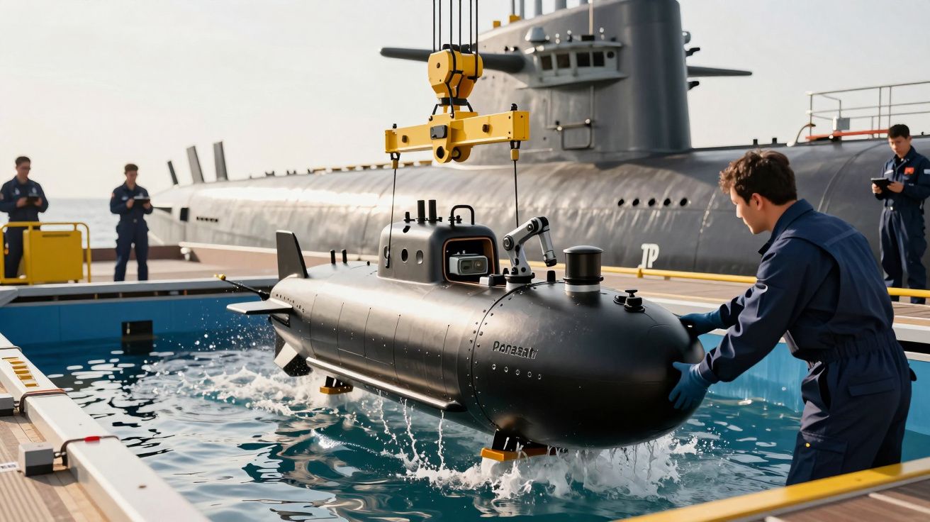 Homens em uniforme azul operam um pequeno submarino negro suspenso por um guindaste ao lado de um submarino maior.