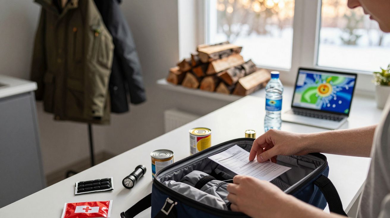 Pessoa organiza mochila com itens de emergência na cozinha. Em fundo, casacos pendurados, lenha e laptop sobre a mesa.