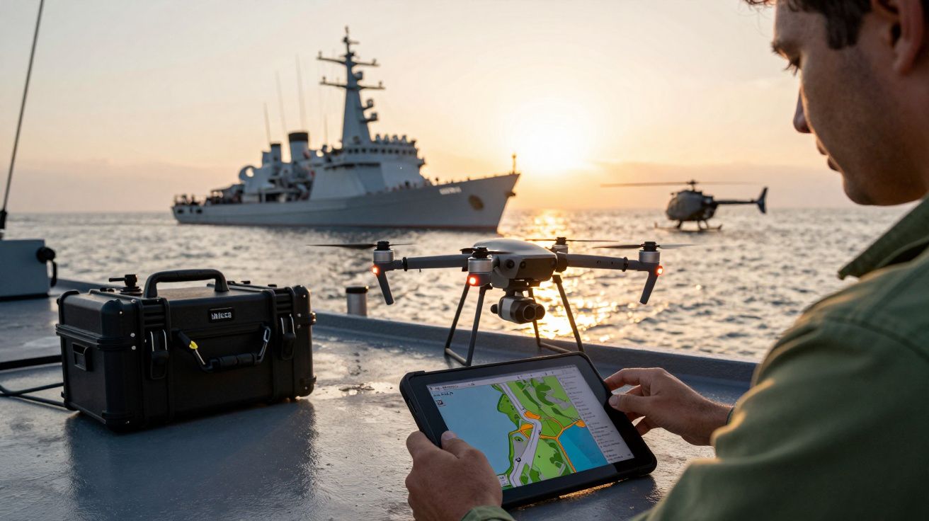 Homem opera um drone com tablet num barco, ao pôr do sol, com um navio militar e um helicóptero ao fundo no mar.