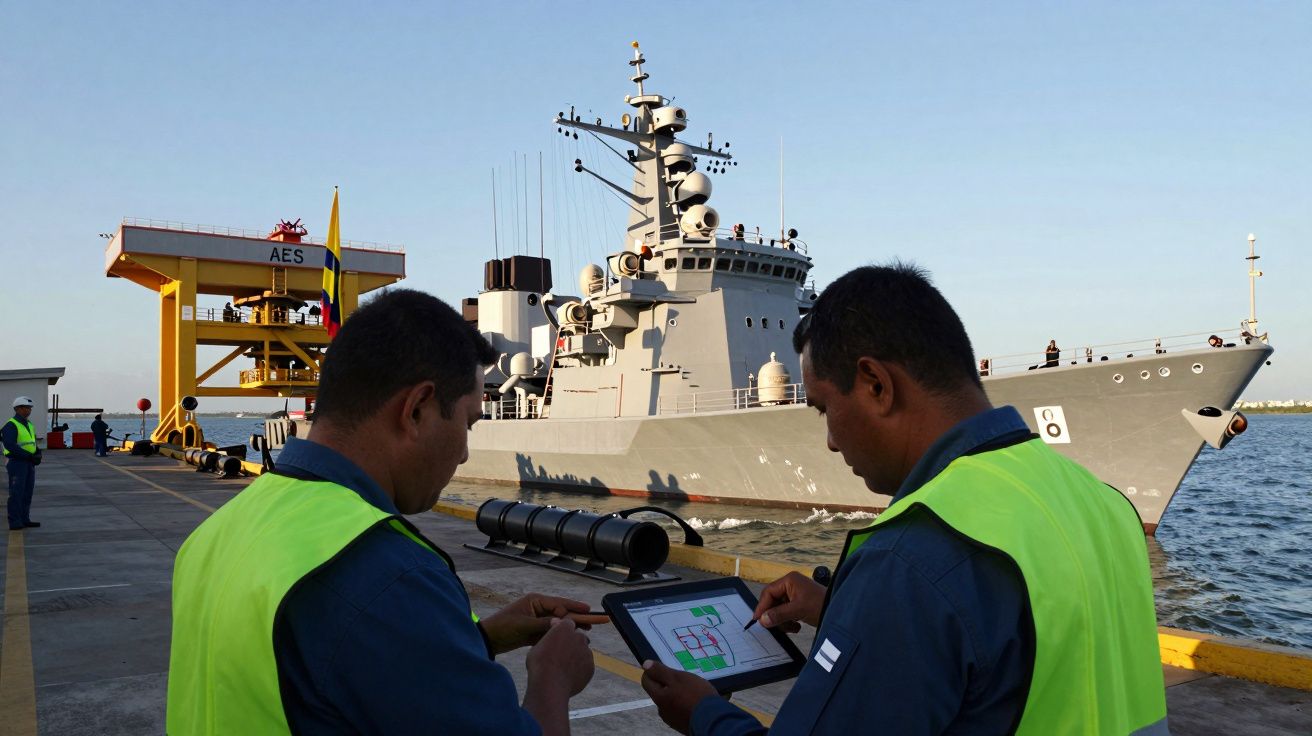 Dois homens em coletes refletores usam tablet em doca com navio de guerra acoplado ao fundo.