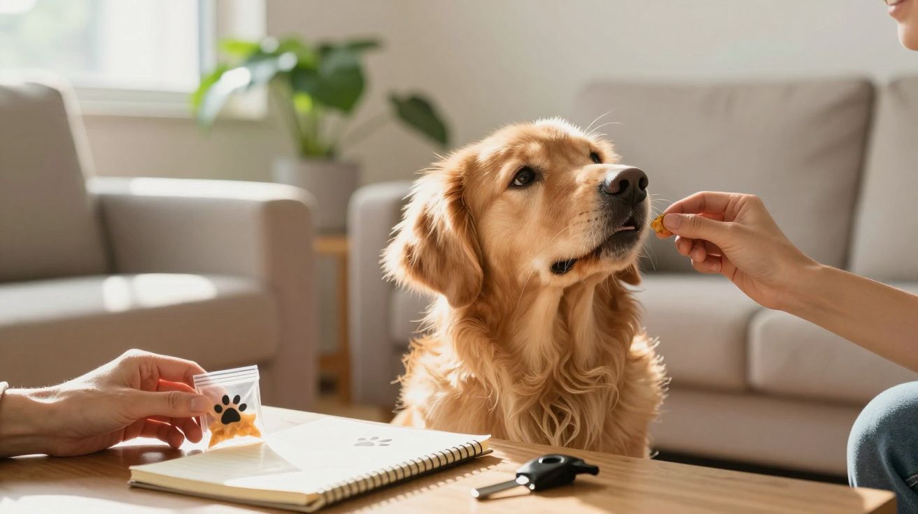 Golden retriever a ser alimentado com biscoito numa sala com sofá, caderno e chave na mesa.