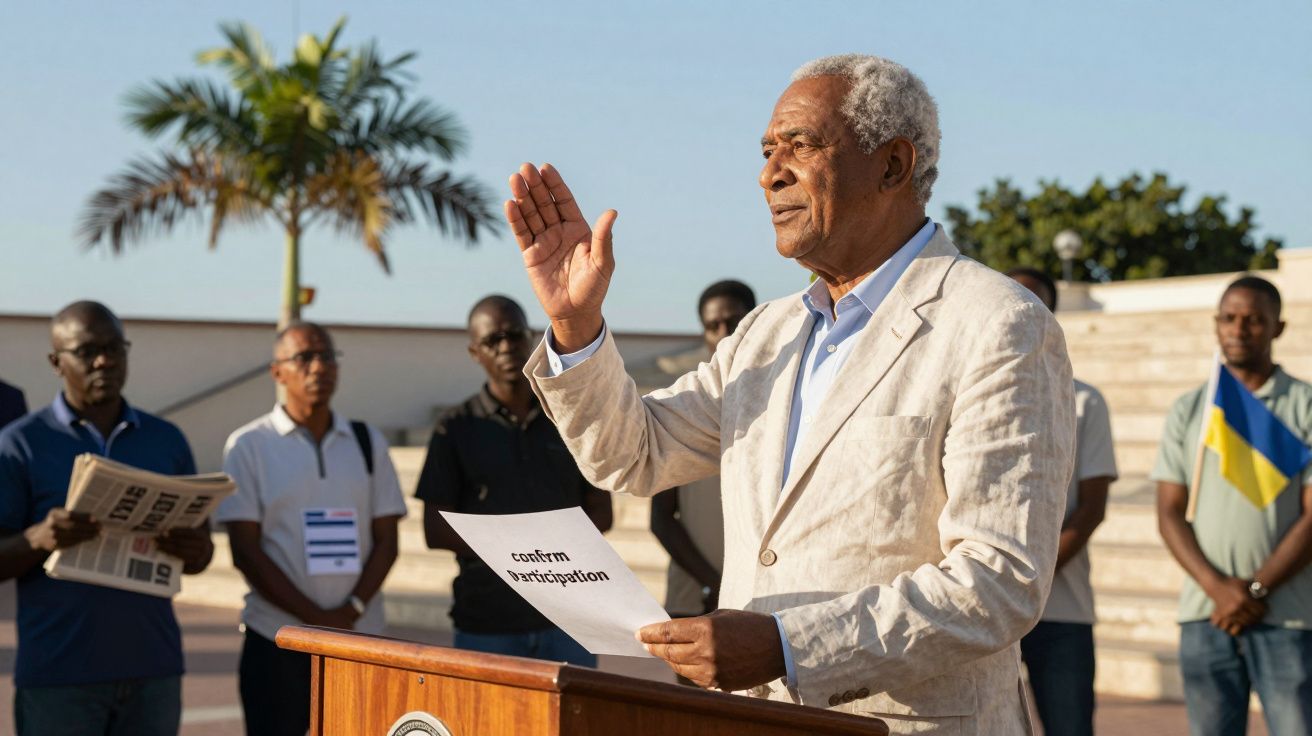 Homem de idade discursando ao ar livre, segurando um papel. Pessoas e uma palmeira ao fundo.