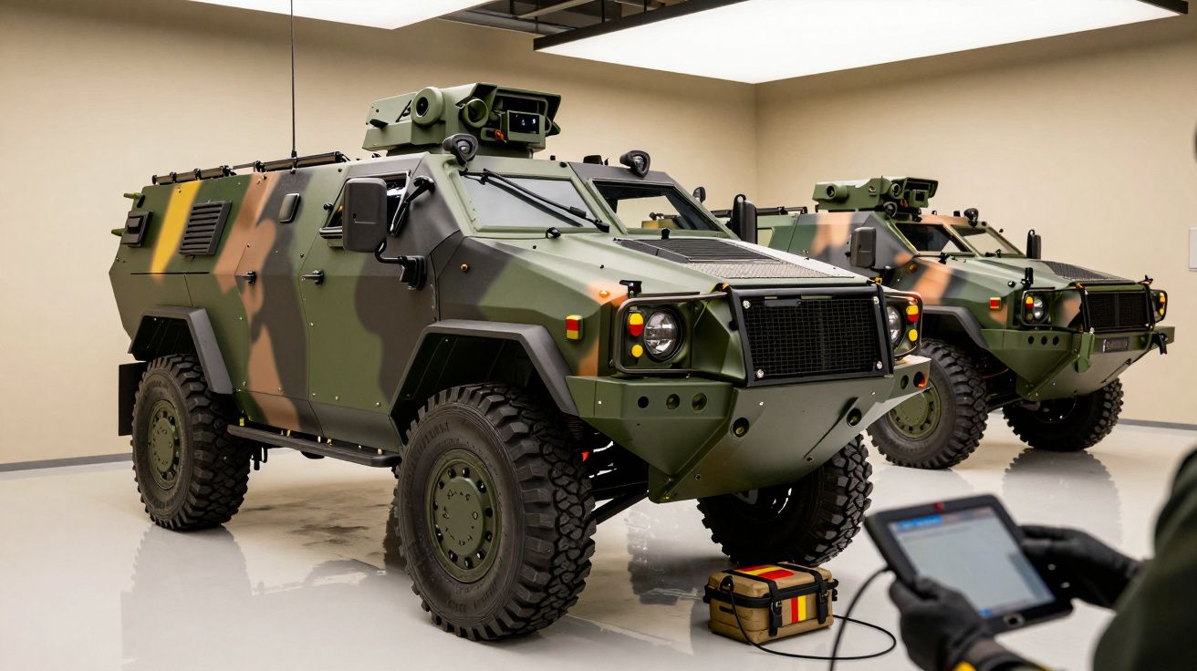 Dois veículos militares blindados, camuflados, estacionados numa garagem, com uma pessoa segurando um tablet em primeiro plan