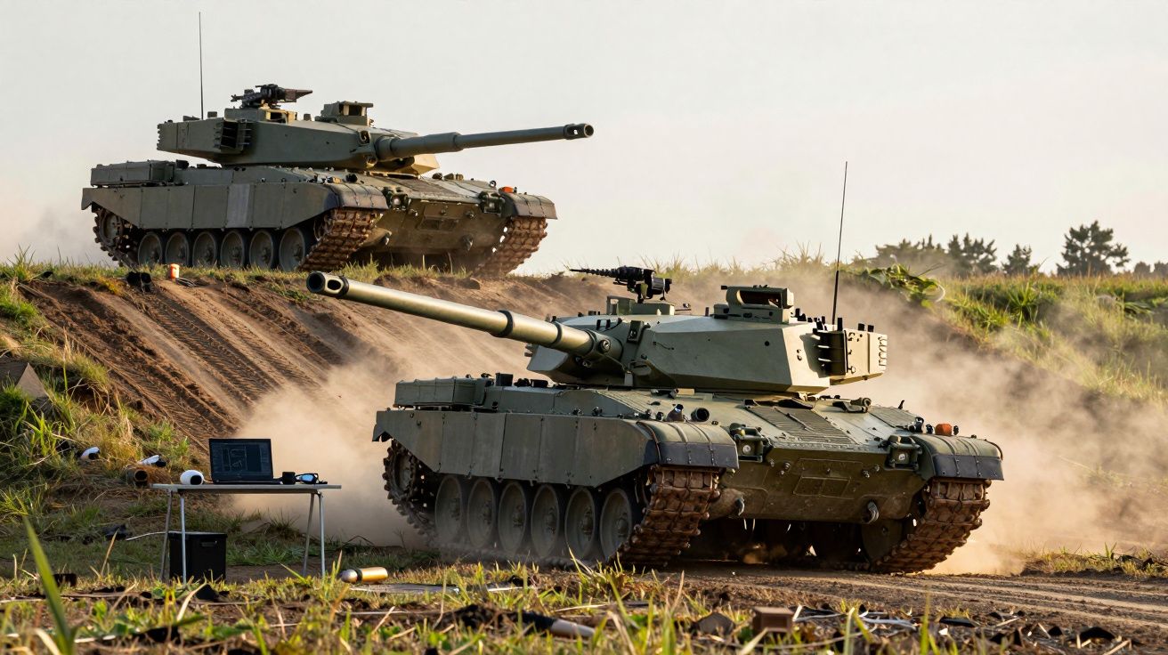 Dois tanques de guerra verdes avançam em terreno arenoso e inclinado sob céu claro.