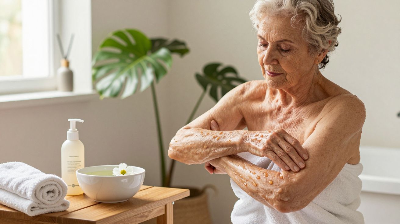Mulher idosa aplica creme nos braços em casa de banho com toalha e plantas ao fundo.