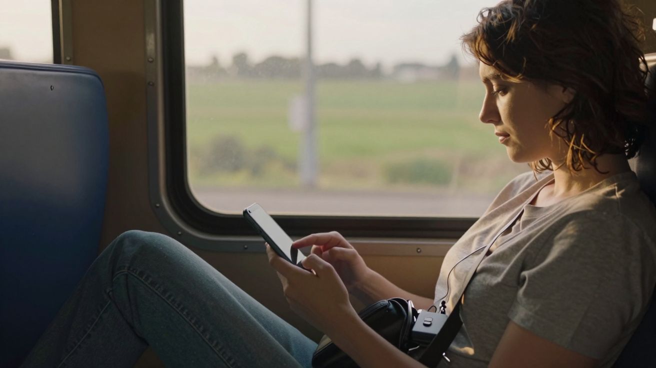 Mulher lendo num tablet dentro de um comboio em movimento, com paisagem verde visível pela janela.