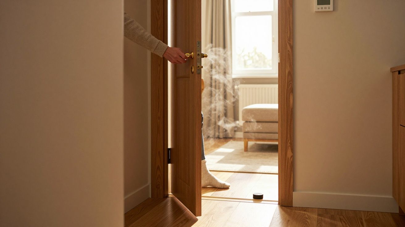 Pessoa abre porta parcialmente, deixando ver quarto com fumo. Meia na porta, luz natural de janela ilumina o espaço.