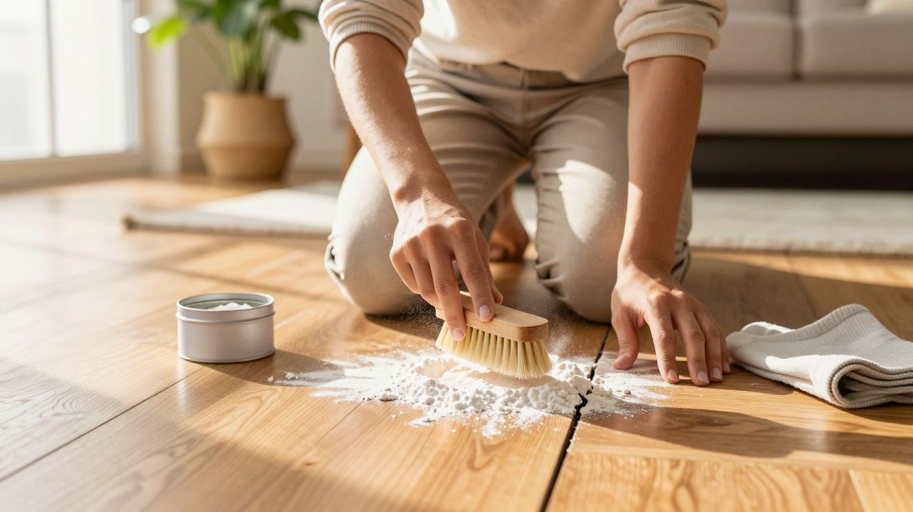 Pessoa a esfregar chão de madeira com uma escova e pó de limpeza, ao lado de um pano e uma lata pequena.
