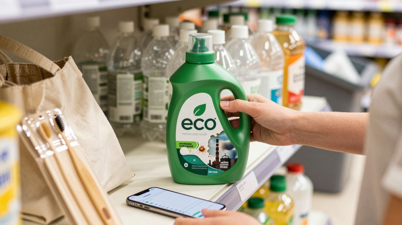 Pessoa segurando detergente ecológico na prateleira de uma loja, com várias garrafas e um telemóvel próximo.