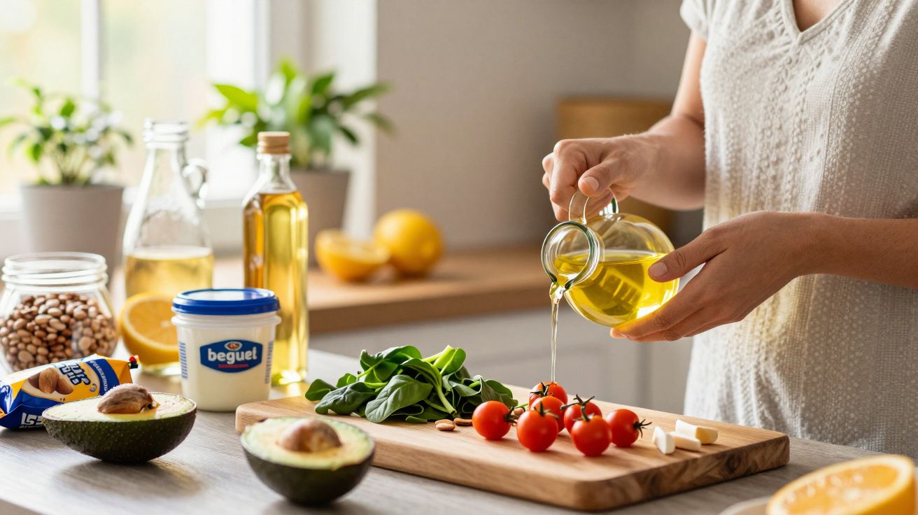 Pessoa a regar salada de espinafres e tomates com azeite numa cozinha, junto a abacates e frascos de ingredientes.