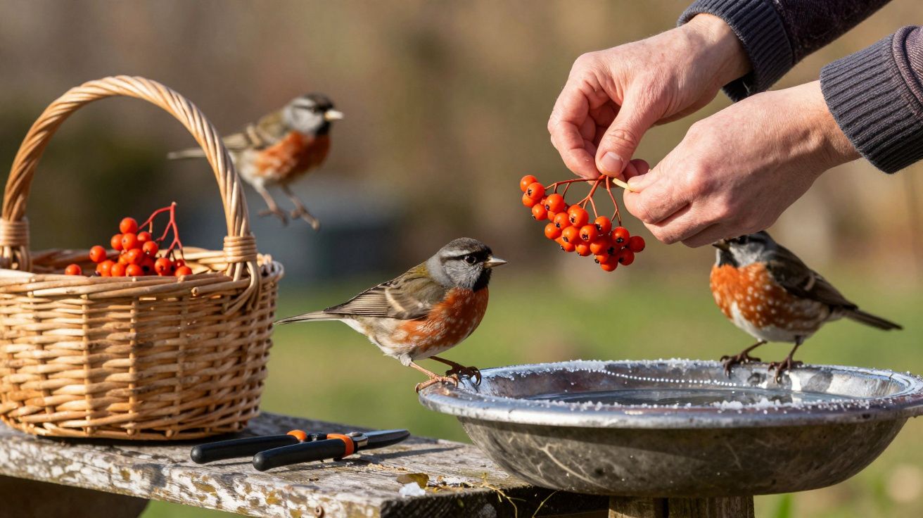 Pessoa alimenta pássaros com bagas vermelhas numa taça, ao lado de um cesto cheio, num ambiente natural.