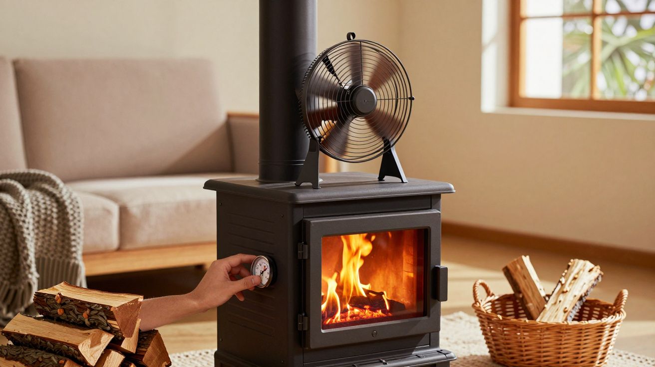 Sala de estar com lareira acesa, mão ajustando o termóstato, cesto de lenha ao lado, sofá e janela ao fundo.
