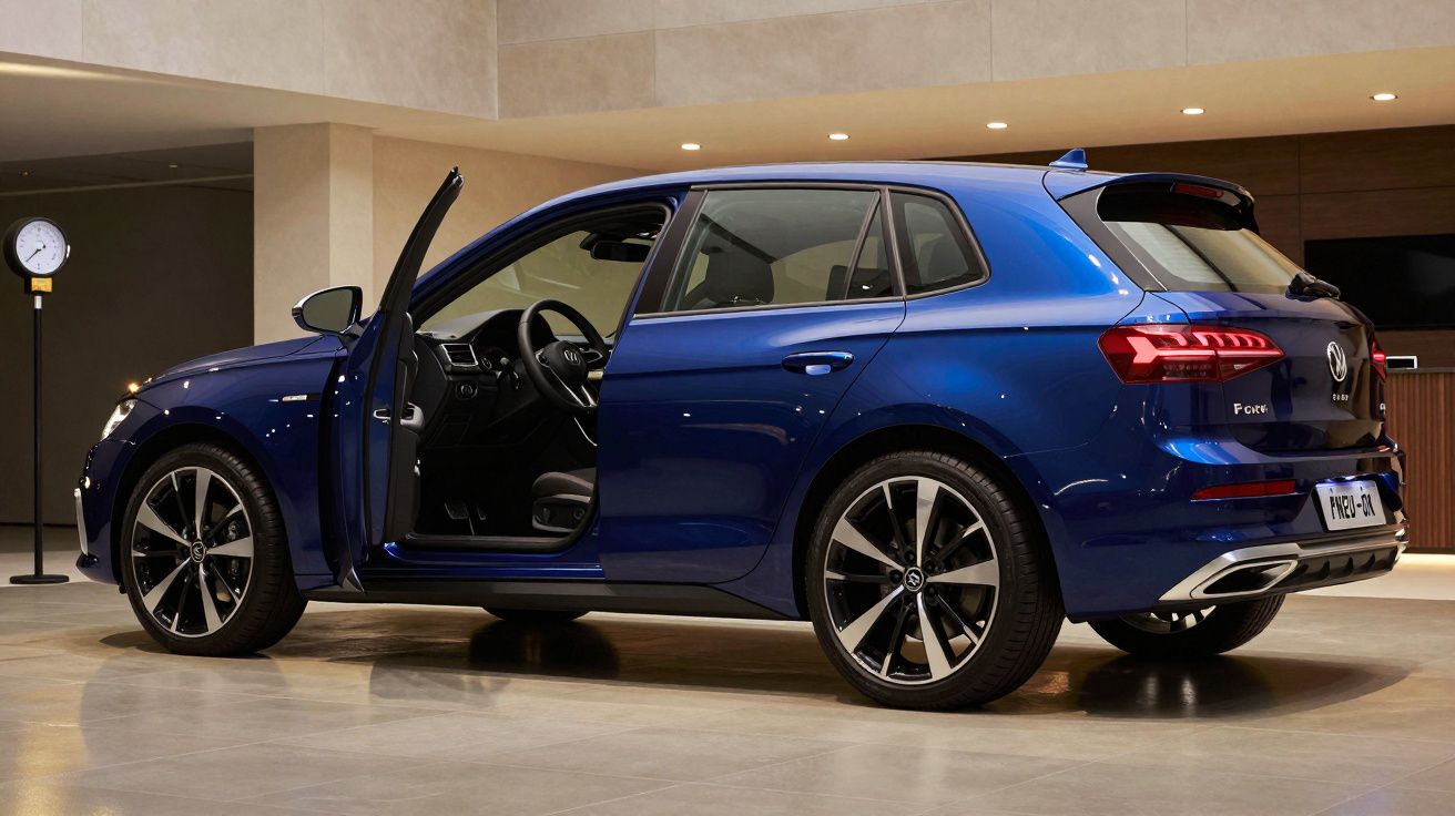 Carro SUV azul num showroom com porta do condutor aberta.