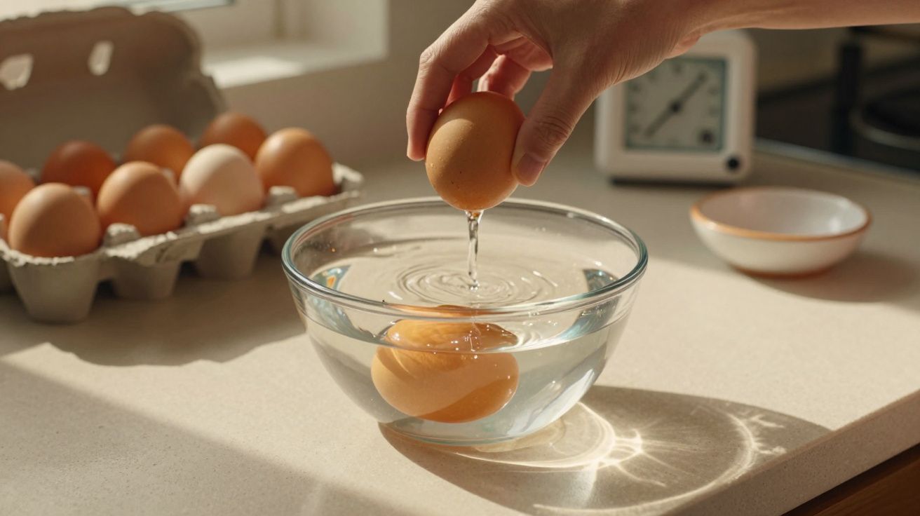 Mão colocando ovo numa tigela com água para teste de frescura, ao lado de ovos numa embalagem e um relógio branco.