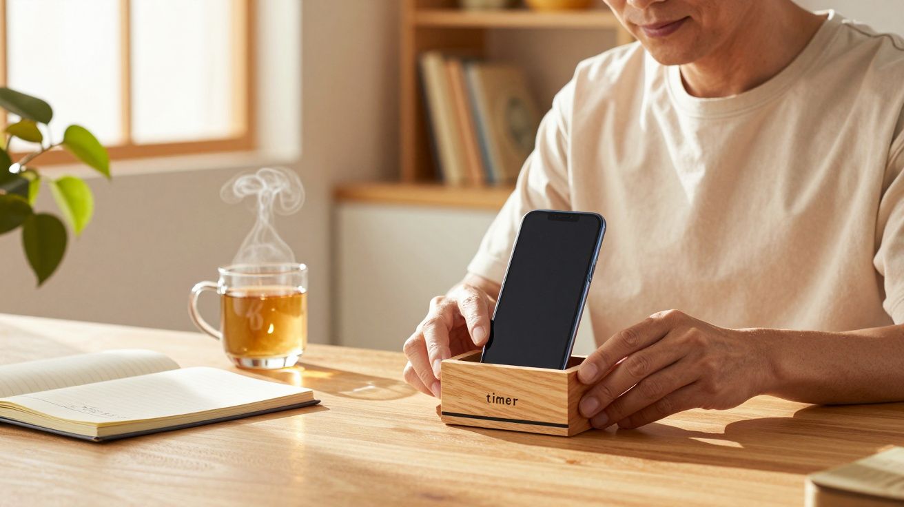 Homem usa suporte de madeira para telemóvel numa mesa com chá e caderno.
