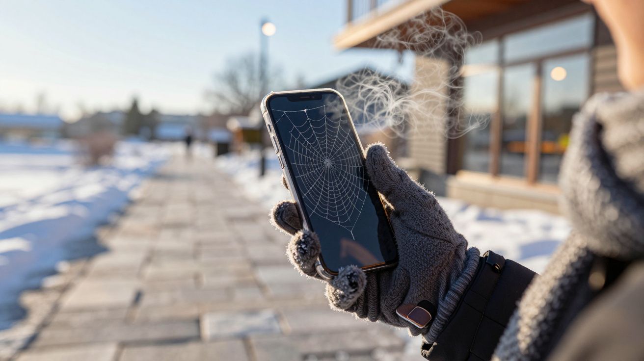Pessoa com luvas segura um telemóvel com imagem de teia de aranha, em ambiente de neve.