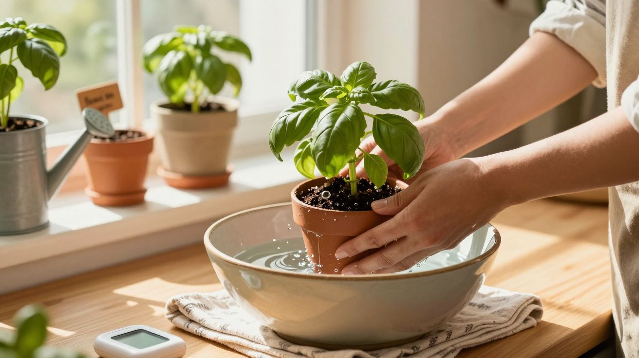 Pessoas submersam vaso de manjericão em água, com outras plantas e regador no parapeito da janela iluminado pelo sol.