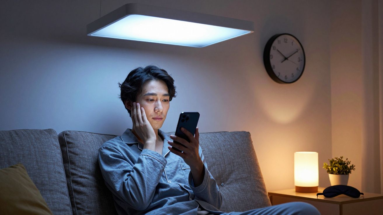 Homem sentado no sofá a olhar para o telemóvel, à noite, com luz suave e um relógio na parede ao fundo.