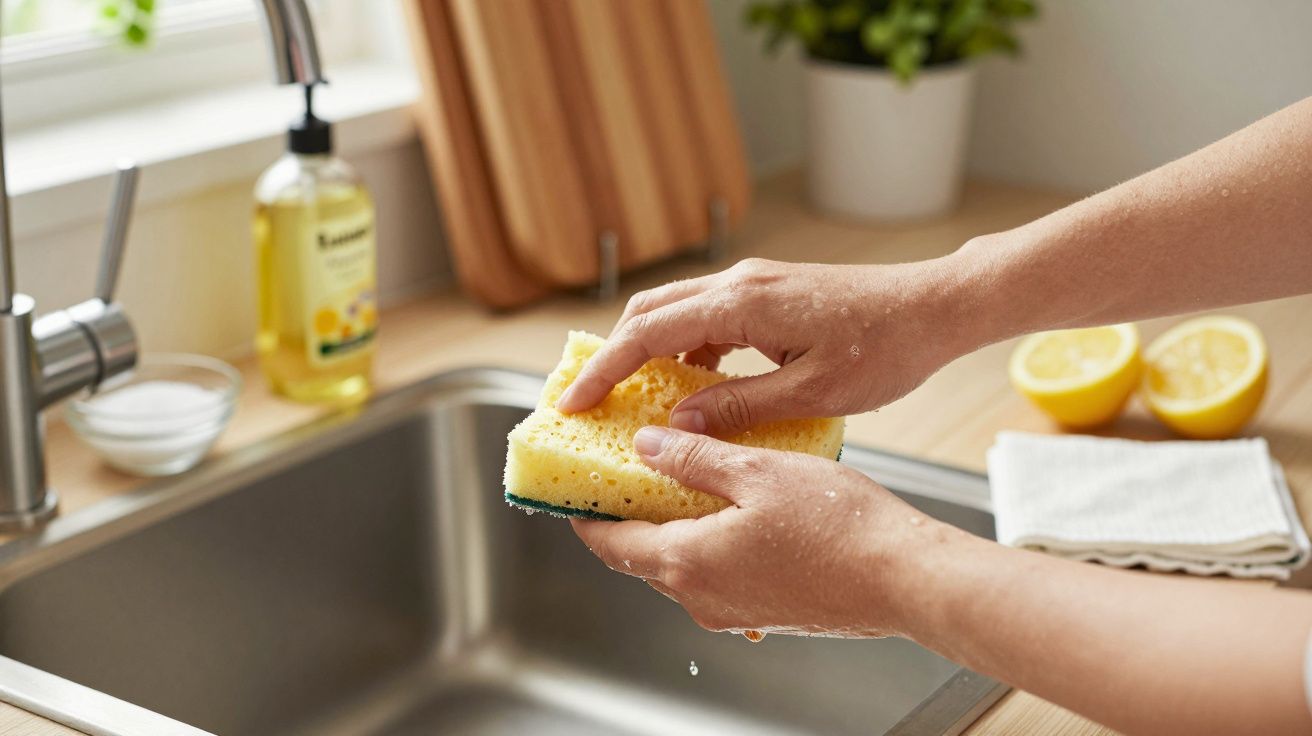 Mãos lavando esponja amarela na cozinha com torneira, tábua de madeira e limões ao fundo.
