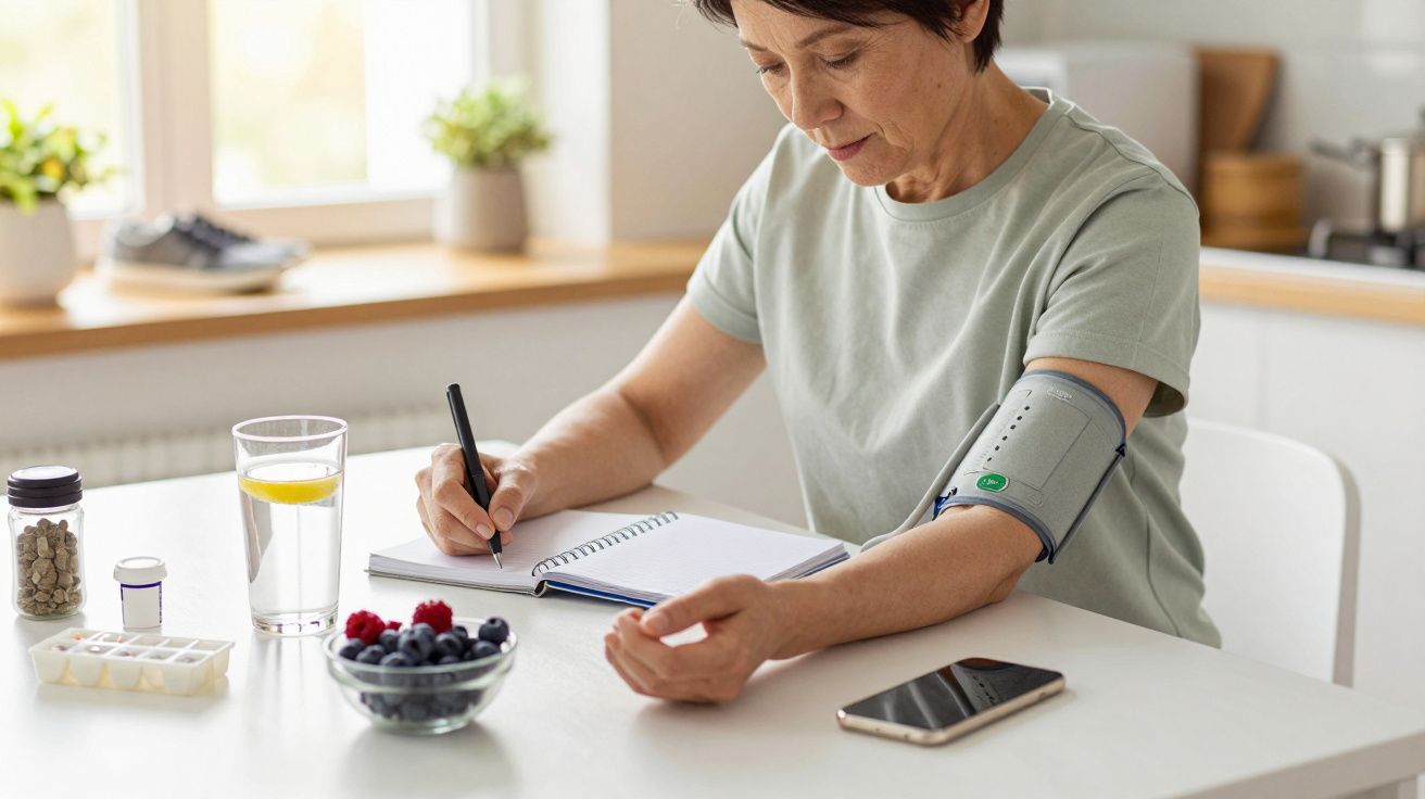 Mulher a medir a pressão arterial enquanto escreve num caderno. Na mesa, há fruta, comprimidos e um copo com água e limão.