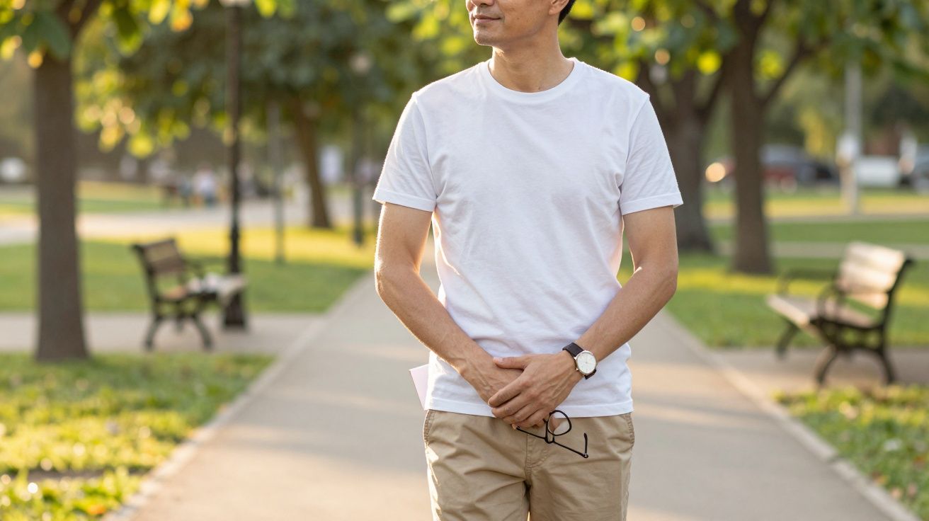 Homem de pé num parque, usa t-shirt branca e calças bege, segurando óculos, com árvores e bancos ao fundo.