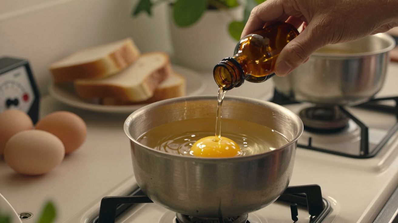 Mão adiciona líquido de um frasco âmbar a uma panela com ovo aberto, ao lado de fatias de pão e ovos.