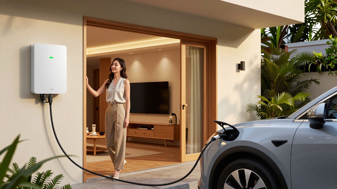 Mulher observando carro elétrico a carregar em garagem moderna, conectada a carregador na parede.
