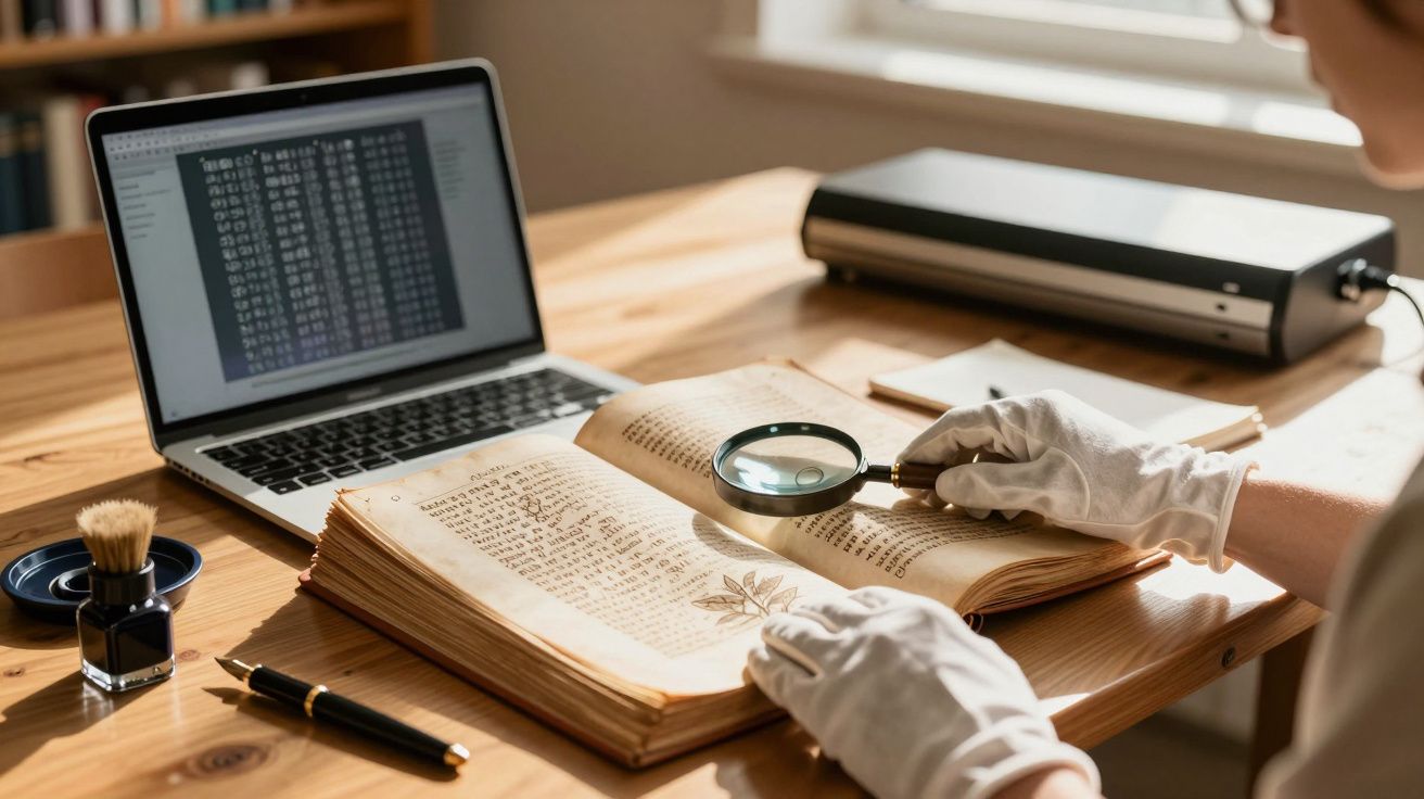 Pessoa com luvas examina livro antigo com lupa, próximo a computador portátil em secretária de escritório.