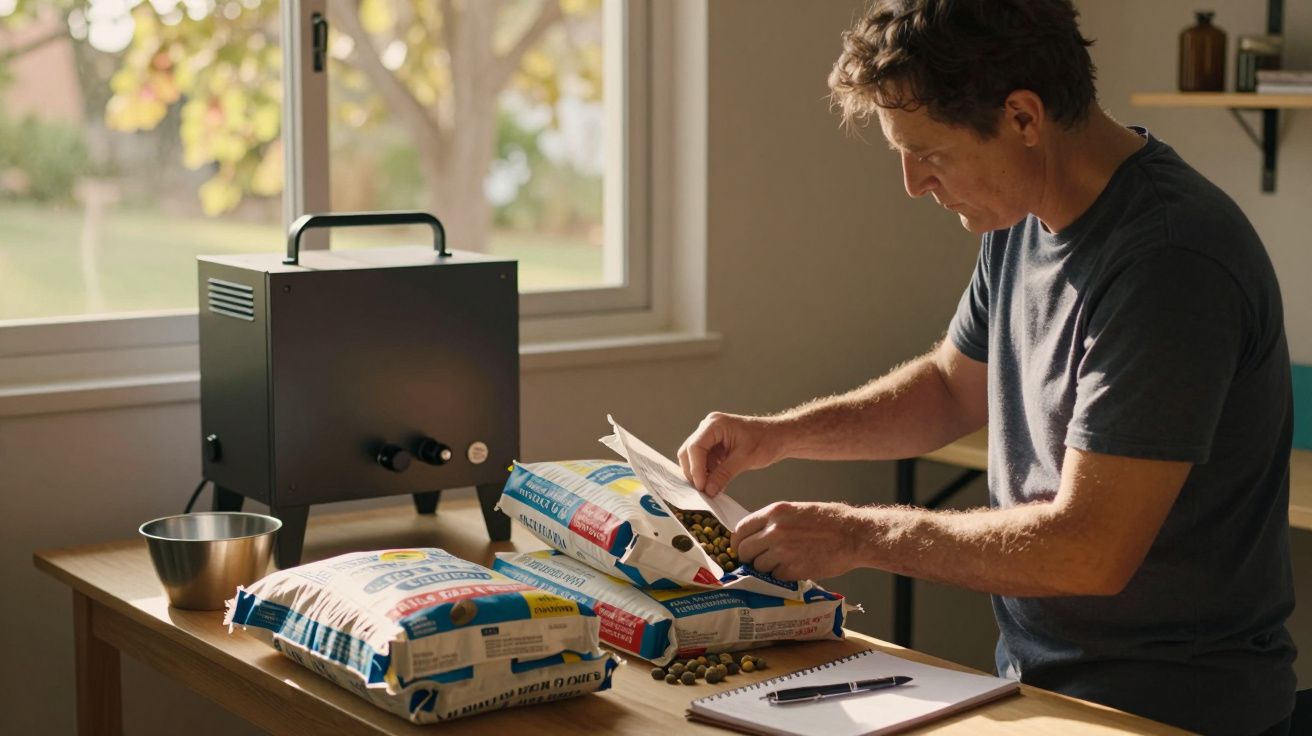 Homem inspeciona grãos em pacotes junto a torrador e bloco de notas sobre mesa perto de janela iluminada.