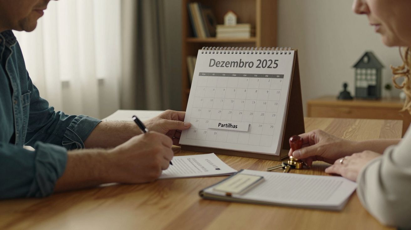 Duas pessoas a assinar documentos numa mesa com calendário de dezembro de 2025 ao fundo.