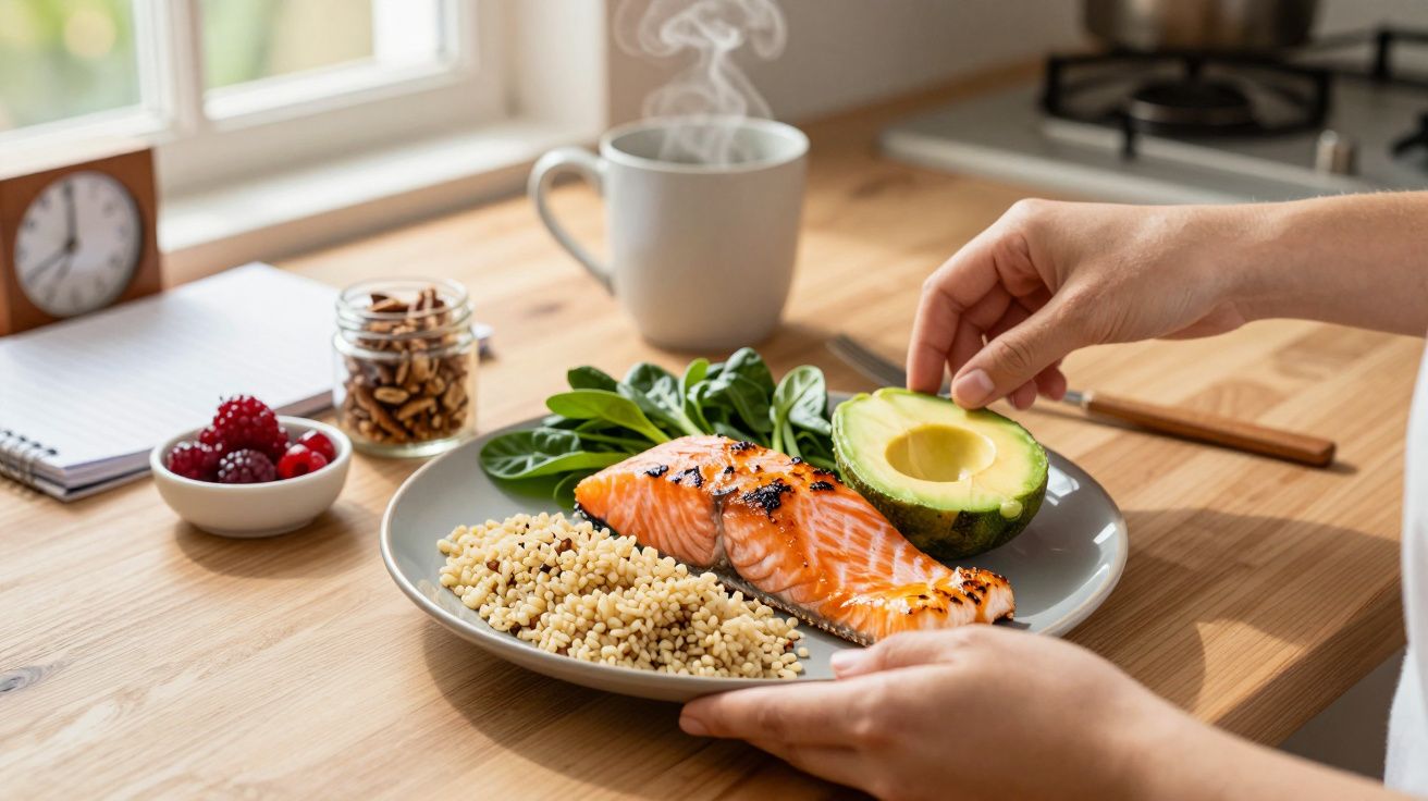 Prato de salmão grelhado com cuscuz, espinafres e abacate em bancada de madeira, com chávena ao fundo.