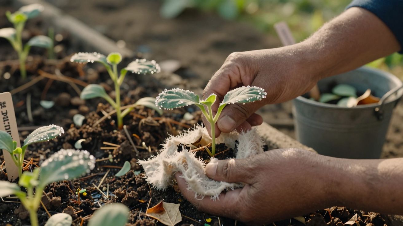 Mãos plantando mudas num jardim, com solo úmido e folhas verdes claras, ao lado de um balde metálico.