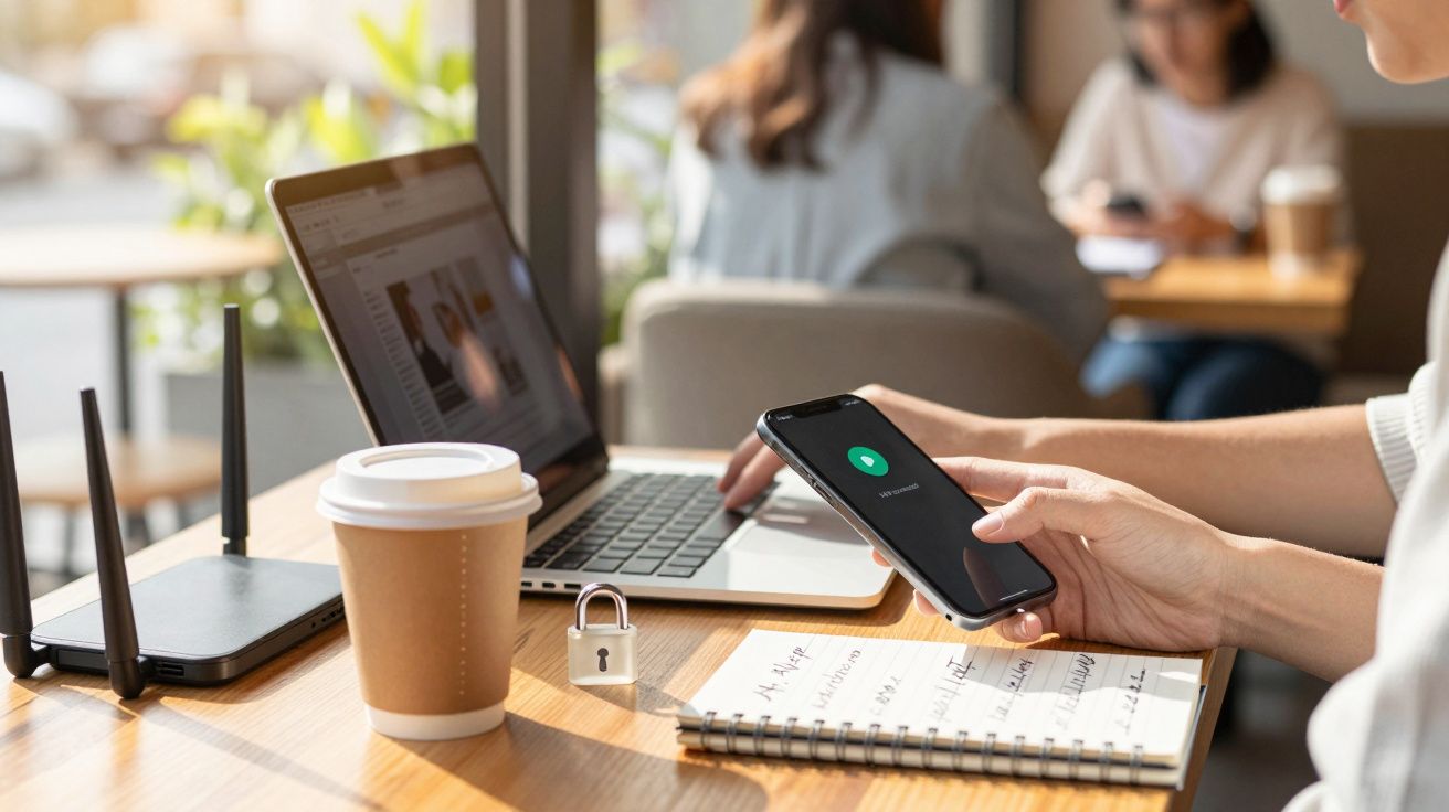 Pessoa a trabalhar numa mesa de café com portátil, telemóvel, caderno e copo de café. Bloqueio em destaque na mesa.