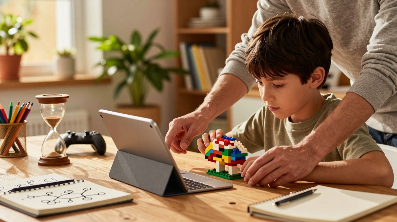 Rapaz monta peças Lego com ajuda de adulto, em secretária com tablet, caderno, ampulheta e comando de jogo.
