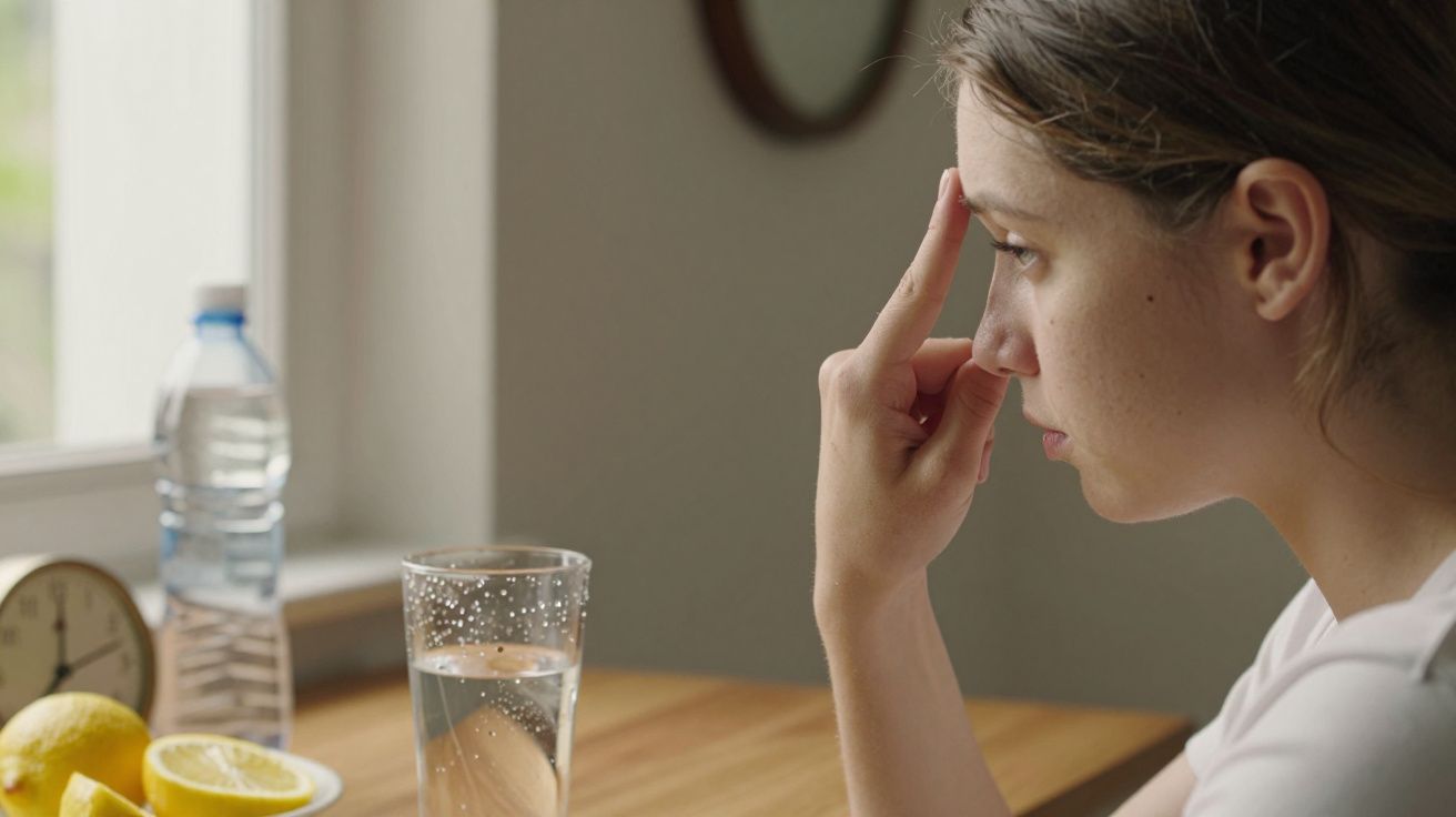 Mulher concentrada, toca na testa, sentada à mesa com copo de água, garrafa e limões ao lado de relógio.