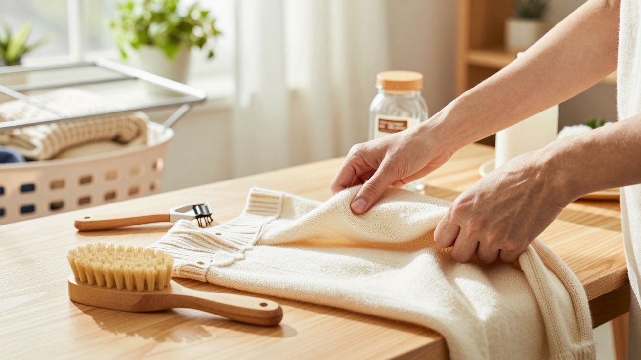 Pessoa dobra uma camisola bege sobre uma mesa de madeira, com uma escova de roupa ao lado.