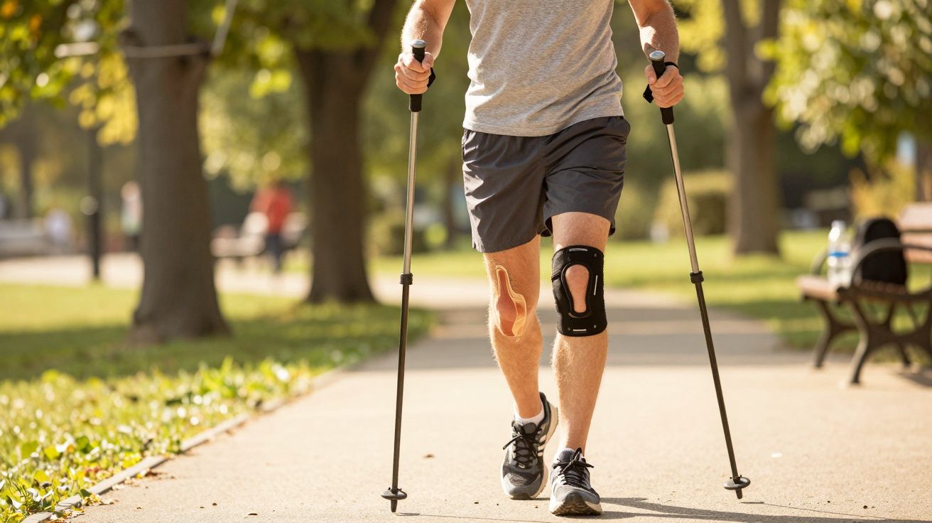 Homem a caminhar num parque com muletas e uma joelheira, usando roupa desportiva e ténis.