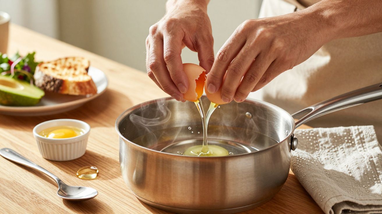 Mãos seguram um ovo e quebram-no sobre uma panela metálica, com ingredientes e utensílios sobre a mesa.