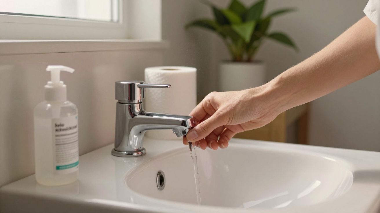Mão abre uma torneira de lavatório em casa de banho, com dispensador de sabão e planta ao fundo.