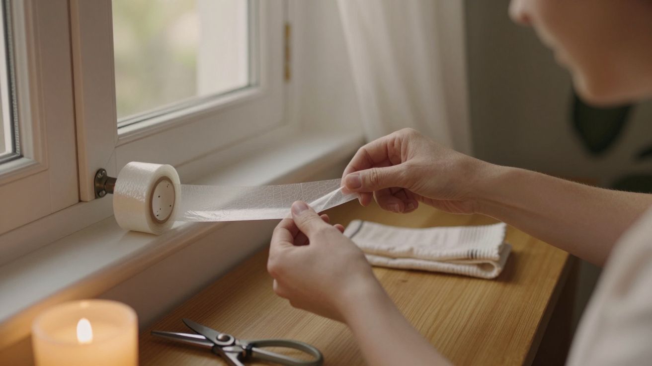 Mãos seguram fita adesiva ao lado de uma vela acesa e uma tesoura sobre uma mesa de madeira, perto de uma janela.